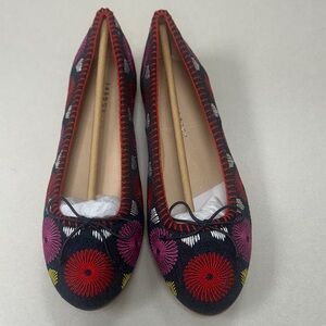 Jack Rogers Bettie Denim Embroidered Navy Ballet Flats w/Red & Pink Floral Motif